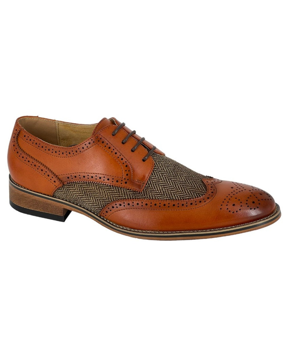 Tan coloured Goor Mens Woven Textile 4 Eye Brogue Gibson Shoes on white background