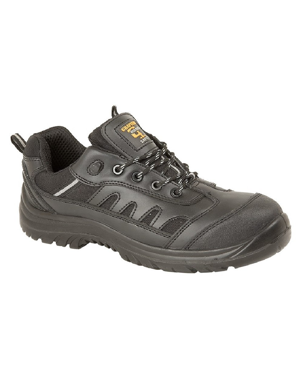 Black coloured Grafters Coated Leather Fully Composite Non-Metal Safety Trainer Shoe on white background