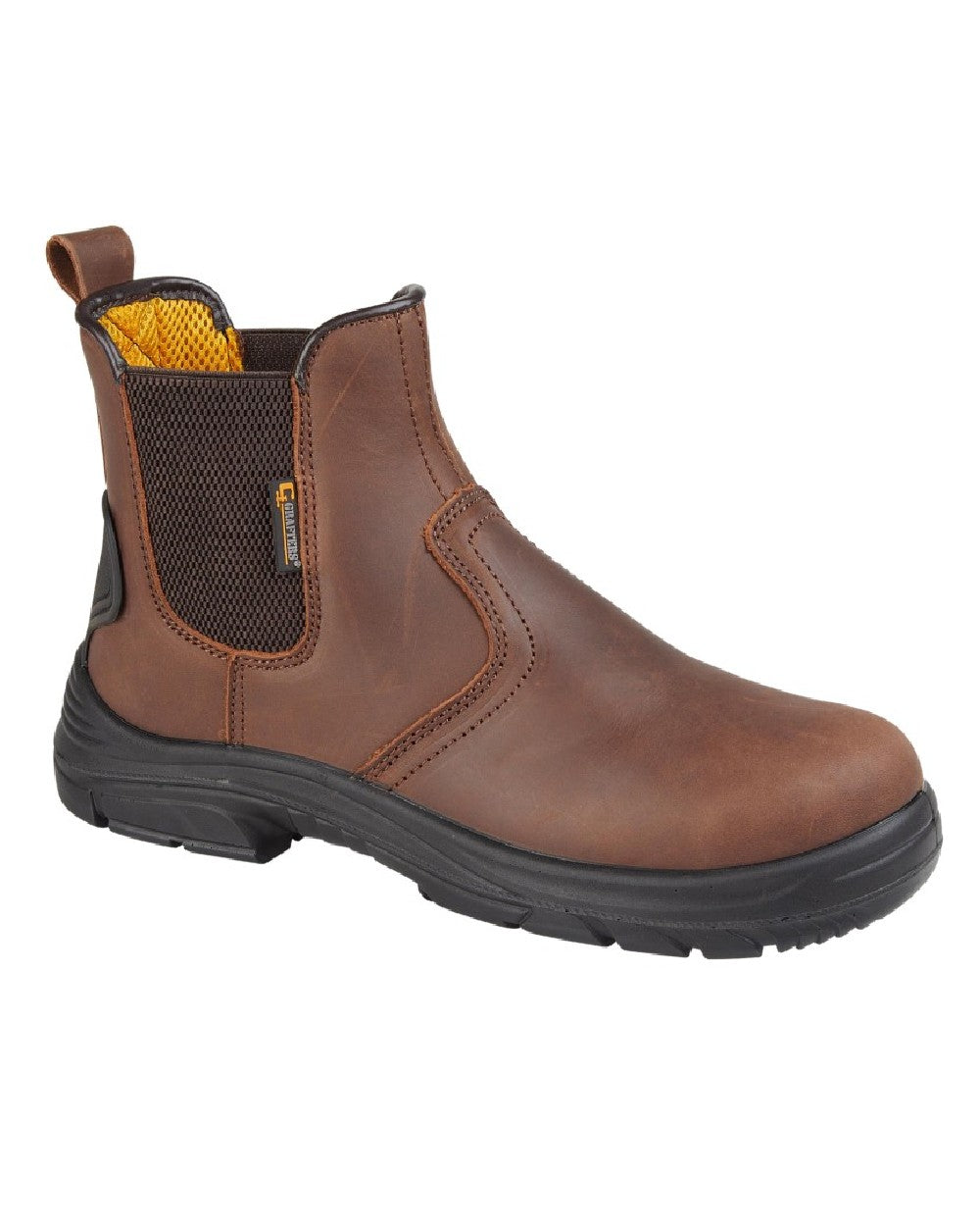 Brown coloured Grafters Super Wide EEEE Fit Water Resistant Safety Dealer Boots on white background