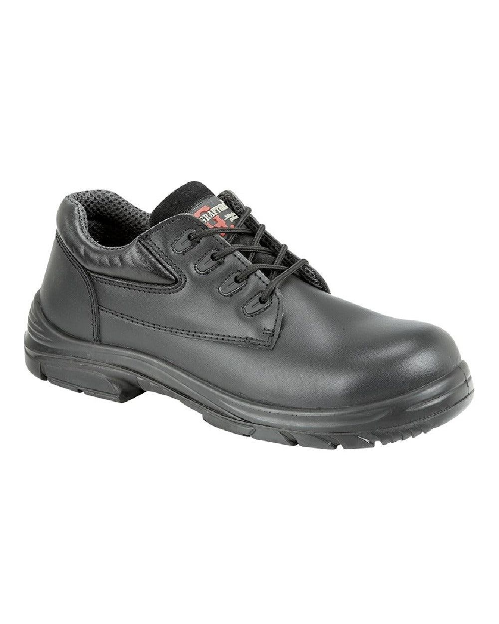 Black coloured Grafters Super Wide EEEE Fitting 4 Eyelet Safety Shoes on white background