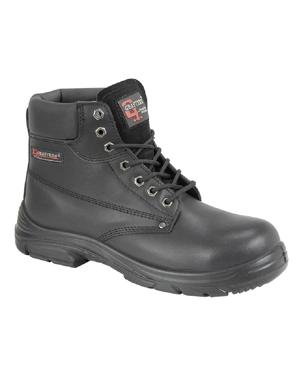 Black coloured Grafters Super Wide EEEE Fitting 7 Eyelet Safety Boots on white background