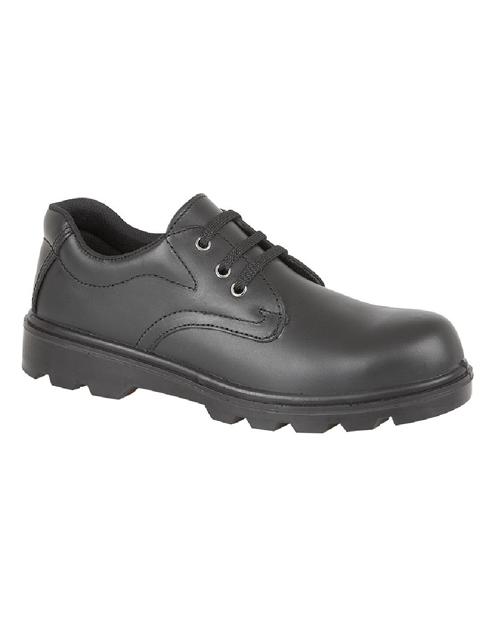 Black coloured Grafters Uniform Shine Leather 3 Eye Safety Shoes on white background