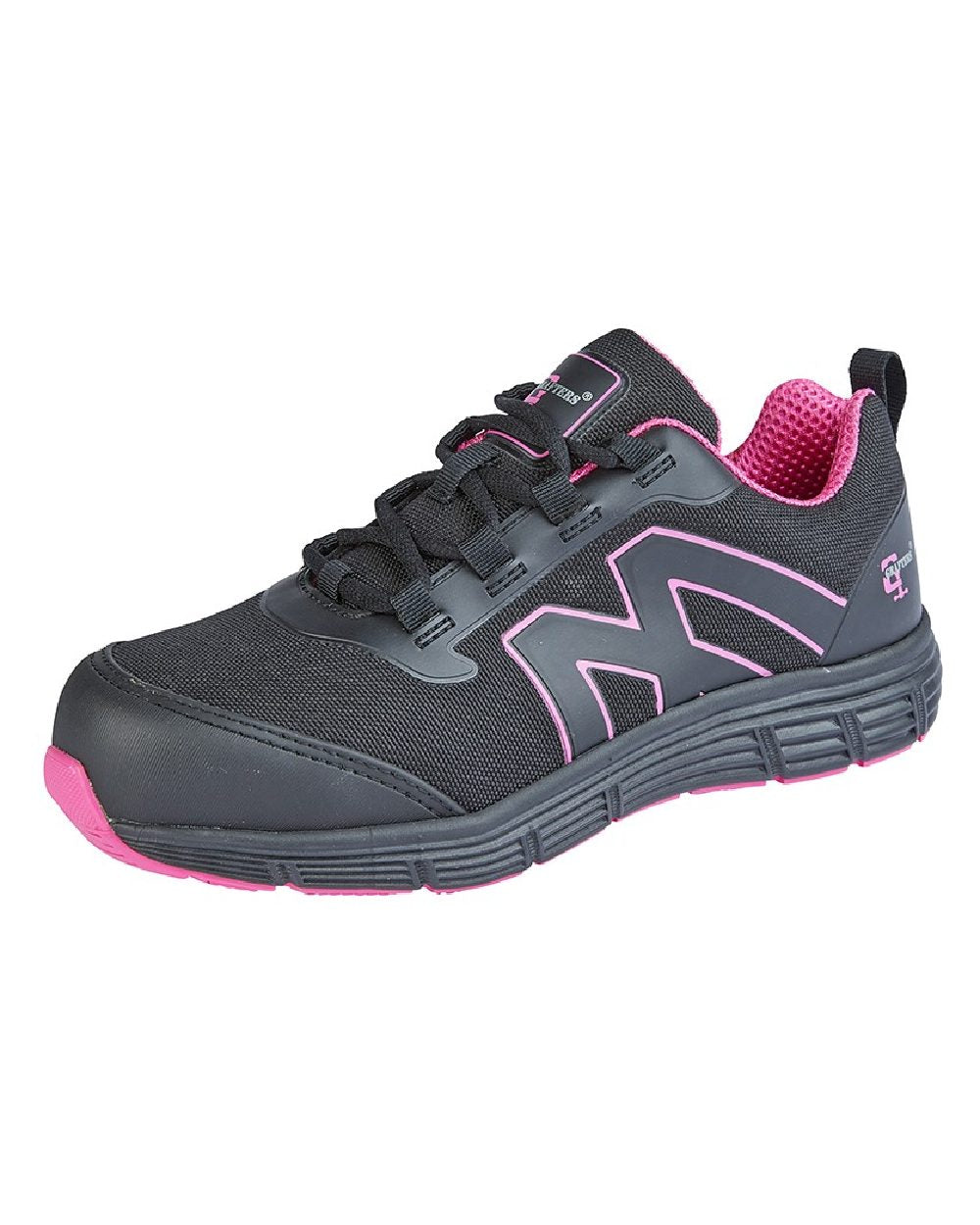 Black Hot Pink coloured Grafters Womens Black Hot Pink Nylon Mesh Safety Trainer Shoes on white background