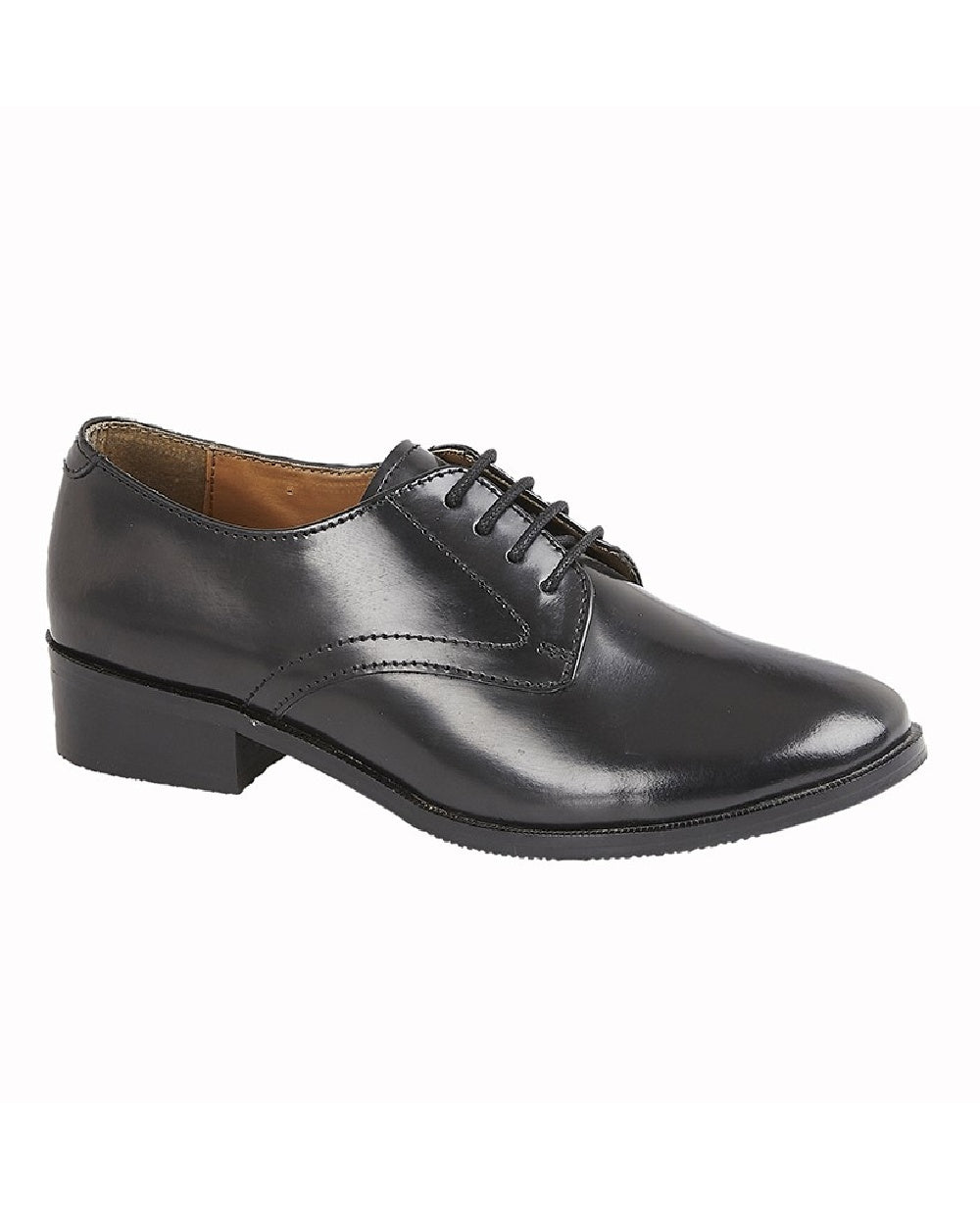 Black coloured Grafters Womens Hi-Shine Leather Cadet Shoes on white background