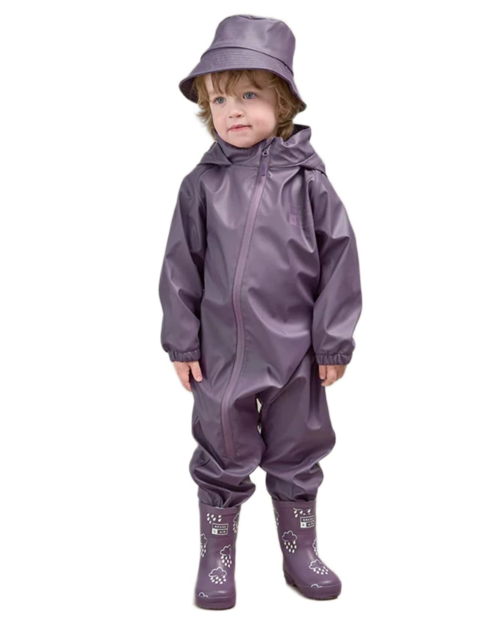 Amethyst Purple coloured Grass & Air Childrens Puddle Suit on white background