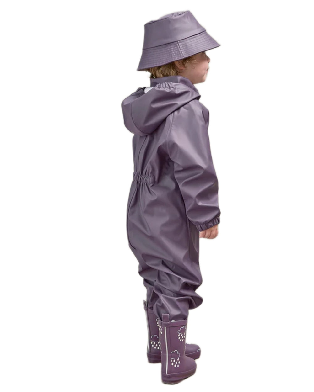Amethyst Purple coloured Grass & Air Childrens Puddle Suit on white background