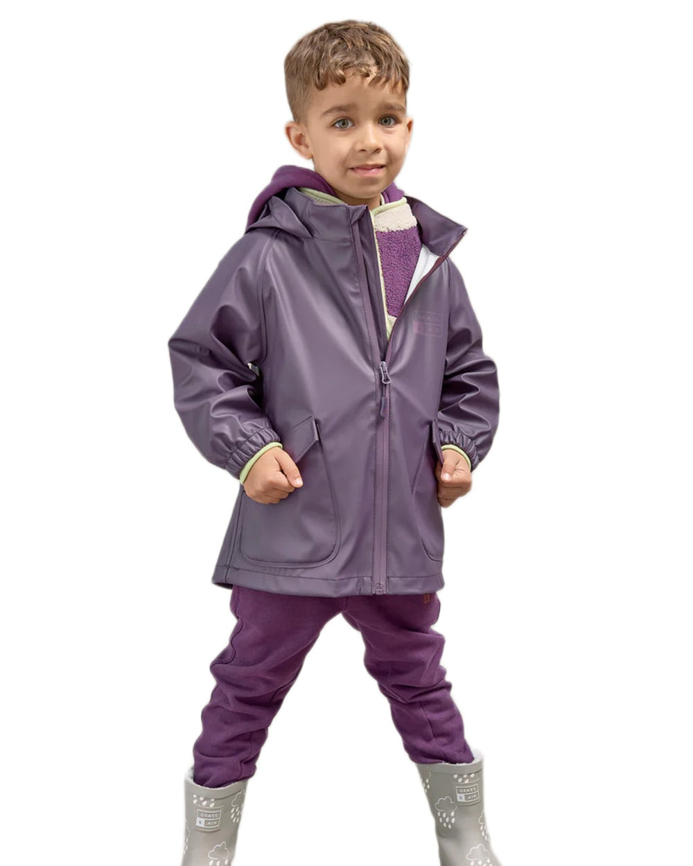 Amethyst Purple coloured Grass & Air Childrens Rainster Jacket on white background