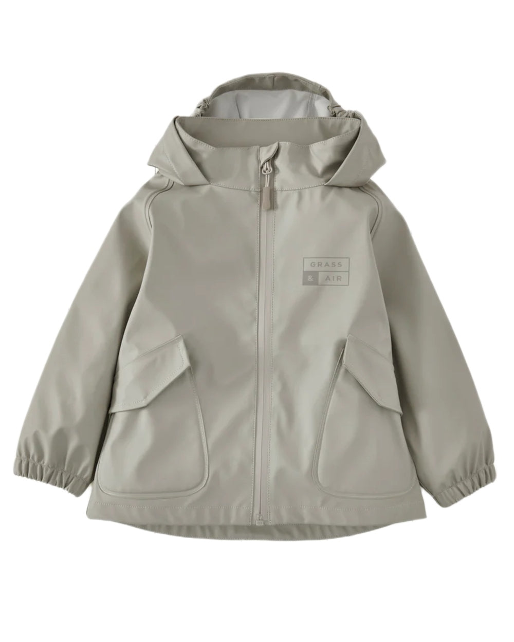 Geothermal Grey coloured Grass & Air Childrens Rainster Jacket on white background