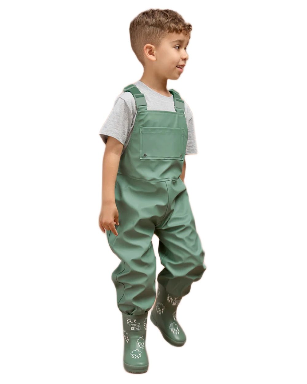 Khaki coloured Grass & Air Childrens Rainster Waterproof Dungaree on white background
