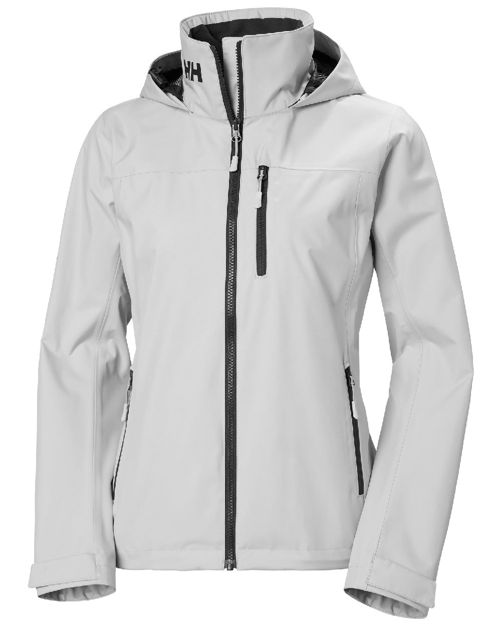Grey Fog coloured Helly Hansen womens crew hooded sailing jacket 2.0 on white background