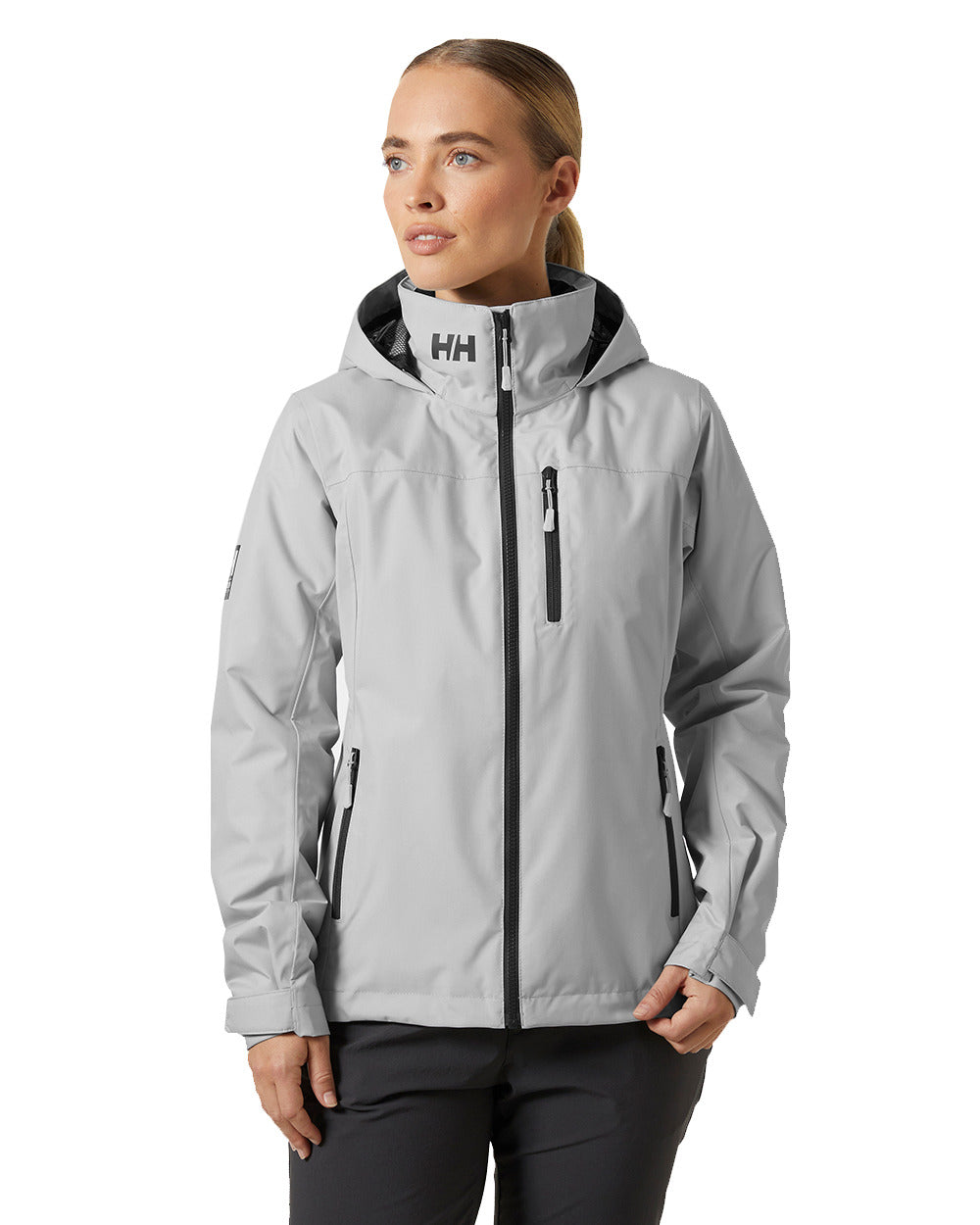Grey Fog Coloured Helly Hansen Womens Crew Hooded Midlayer Sailing Jacket 2.0 On A White Background 