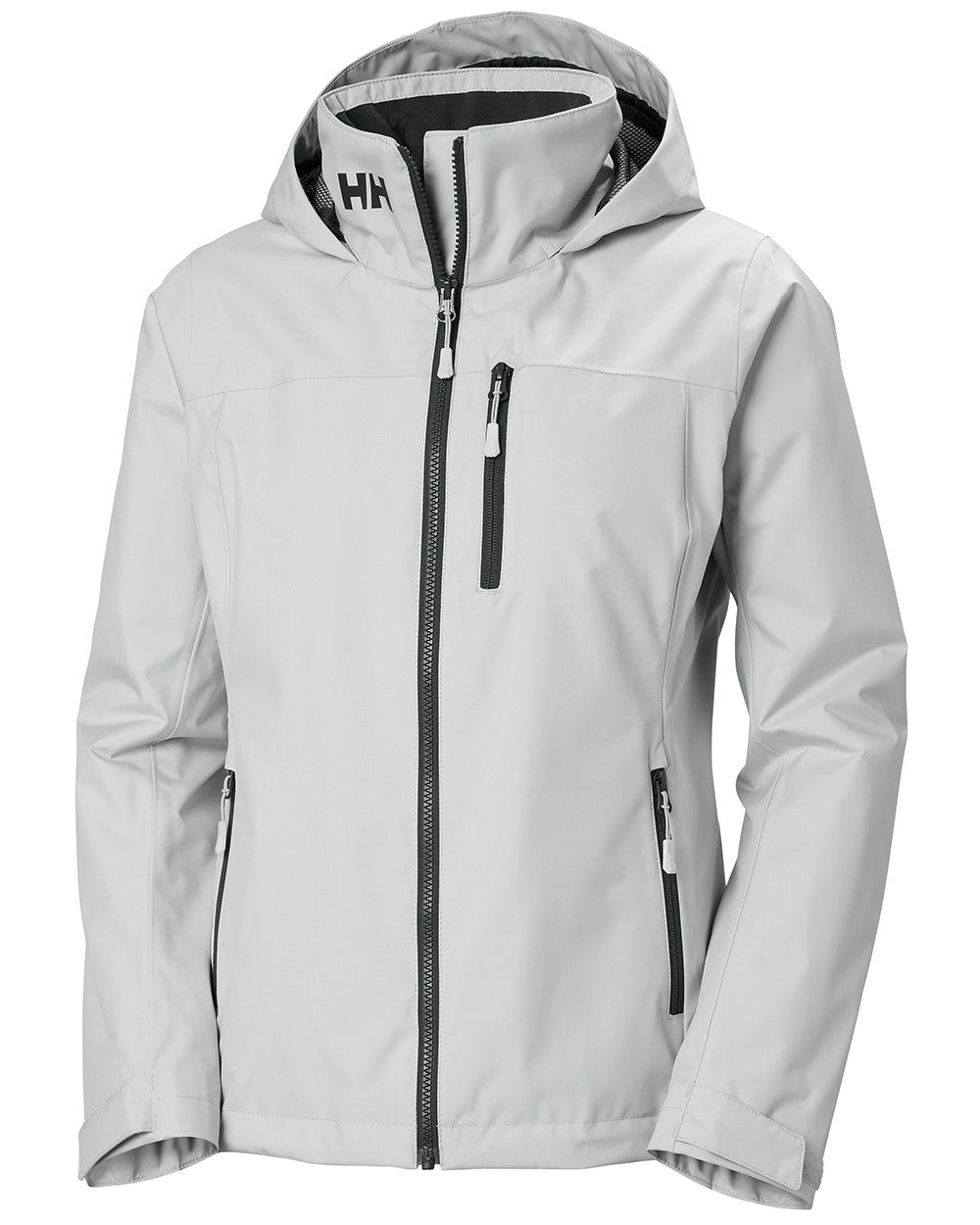 Grey Fog Coloured Helly Hansen Womens Crew Hooded Midlayer Sailing Jacket 2.0 On A White Background