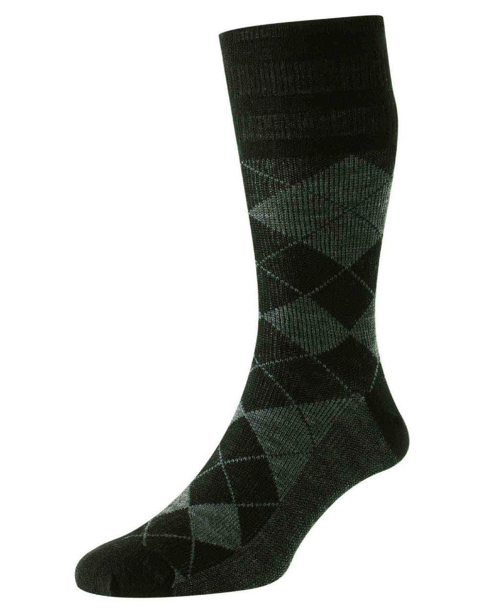 Black Mid Grey coloured HJ Hall Argyle Wool Softop Socks on white background