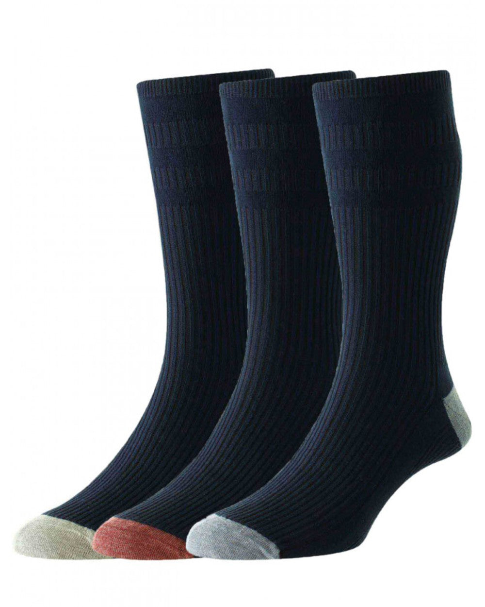Navy Mix coloured HJ Hall Contrast Heel And Toe Cotton Softop 3 Pair Pack on white background