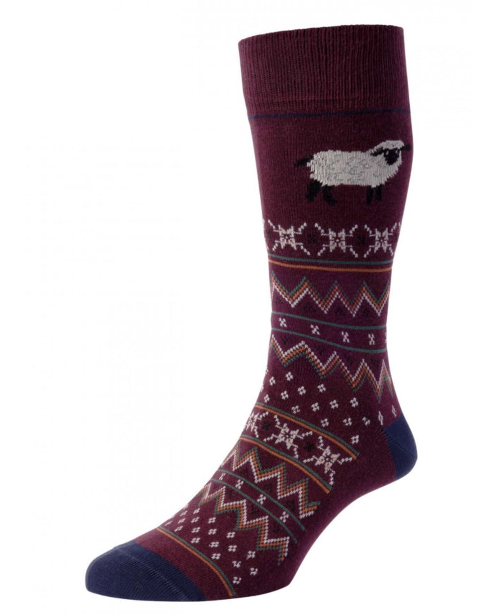Burgundy coloured HJ Hall Country Animal Fairisle Socks on white background