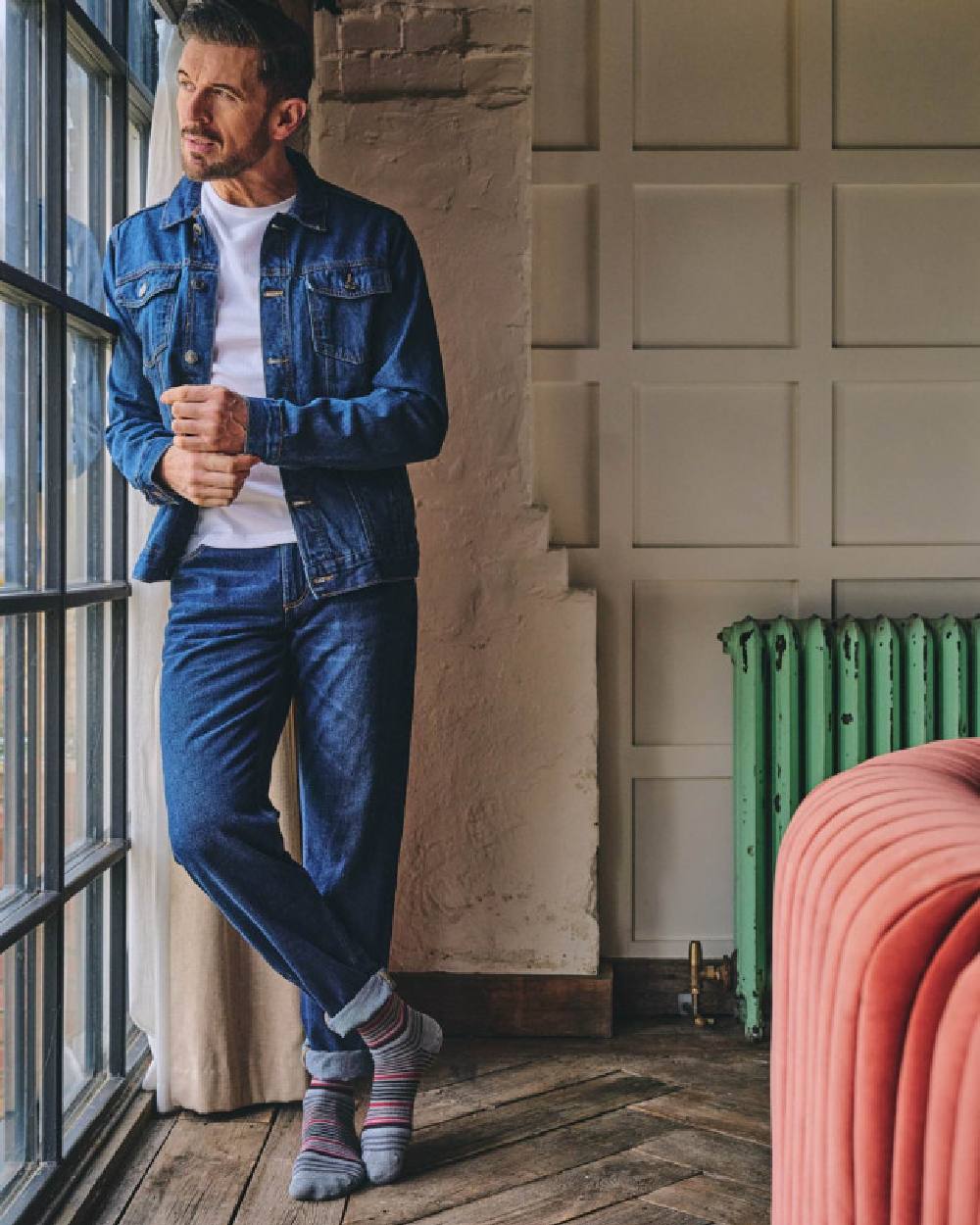 Light Grey coloured HJ Hall Graduated Stripe Comfort Top Socks on house background