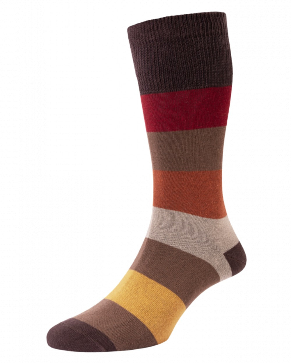 Brown coloured HJ Hall Mens Block Stripe Cotton Comfort Top Socks on white background