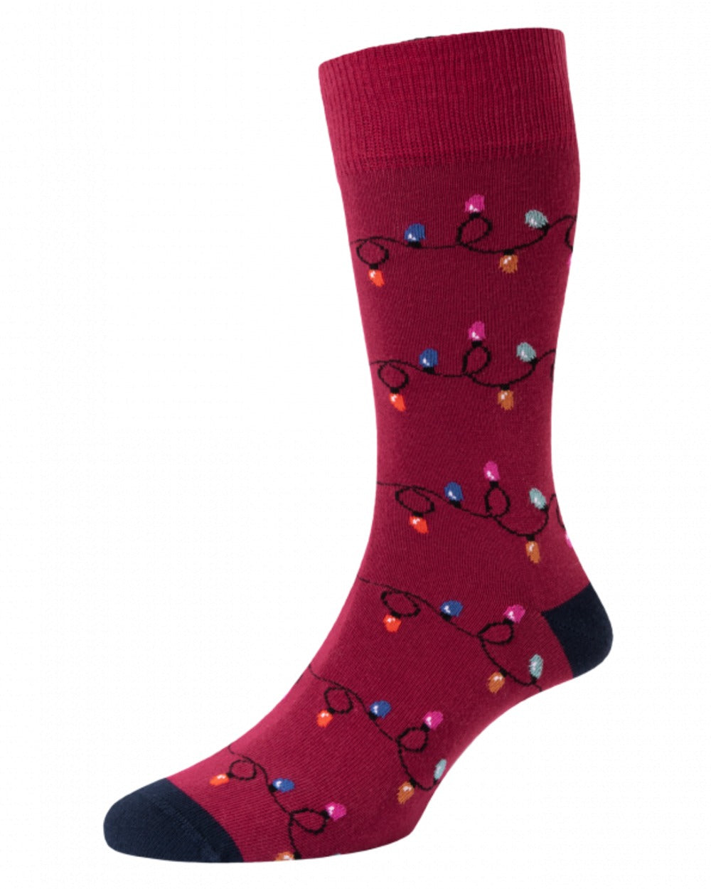 Red coloured HJ Hall Mens Christmas Lights Motif Cotton Rich Socks on white background