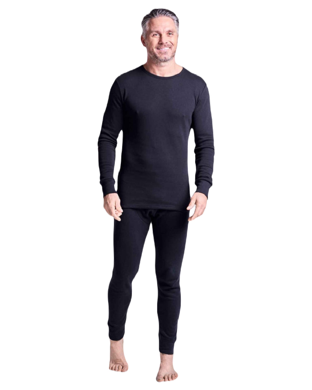 Black coloured HJ Hall Mens Cotton Rich Thermal Long Sleeve Top on white background