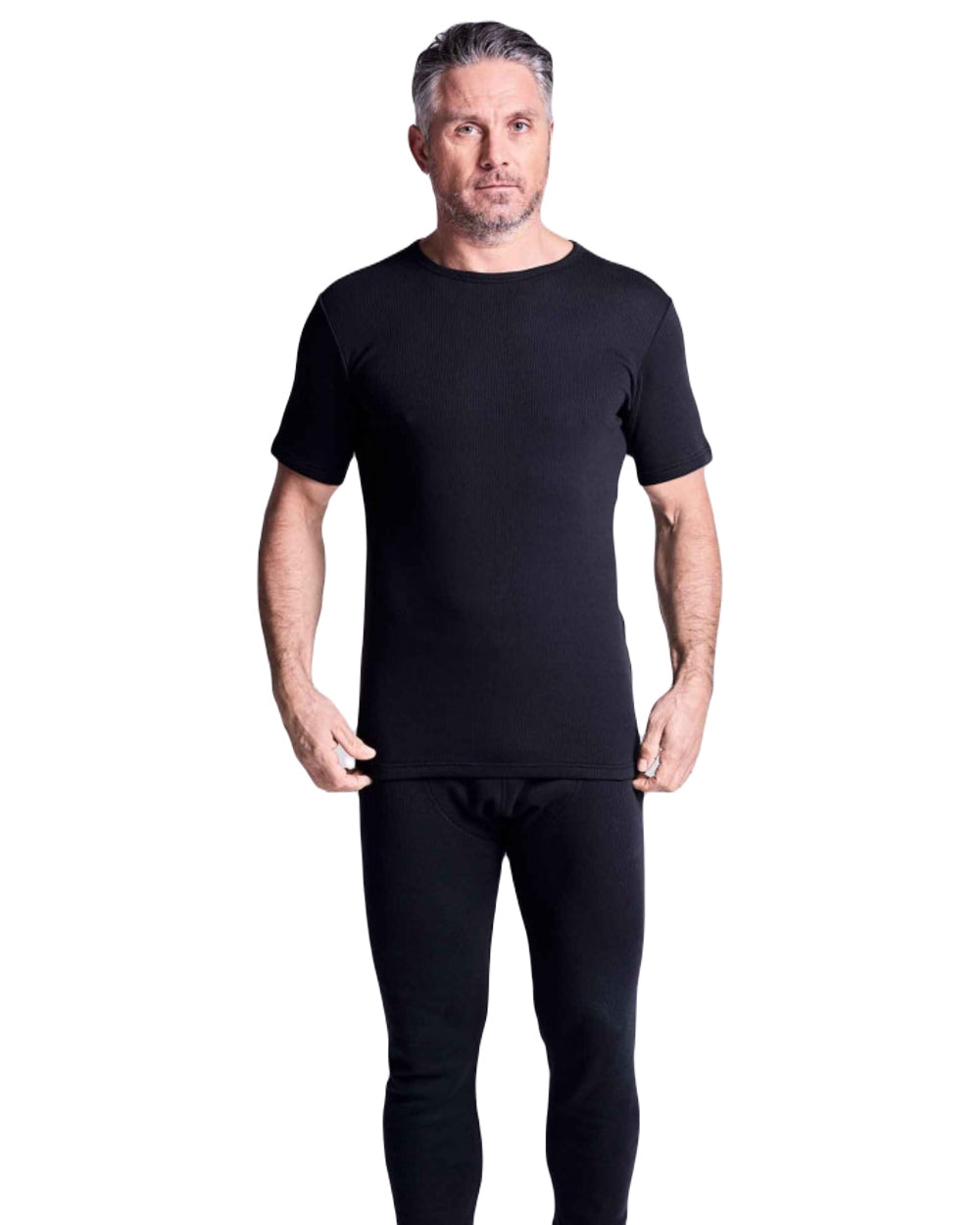Black coloured HJ Hall Mens Cotton Rich Thermal T-shirt on white background