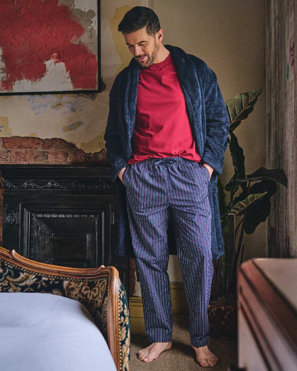 Red Navy Coloured HJ Hall Mens Crew Neck T-Shirt And Long Pyjamas Set on indoor background