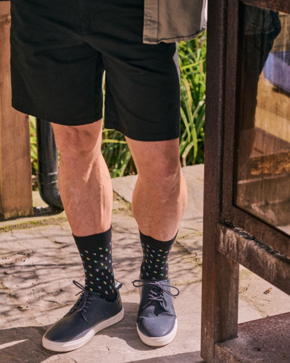 Black Grey Mix coloured HJ Hall Mens Dash & Stripe Cotton Rich Socks 3 Pair Pack on outdoor background