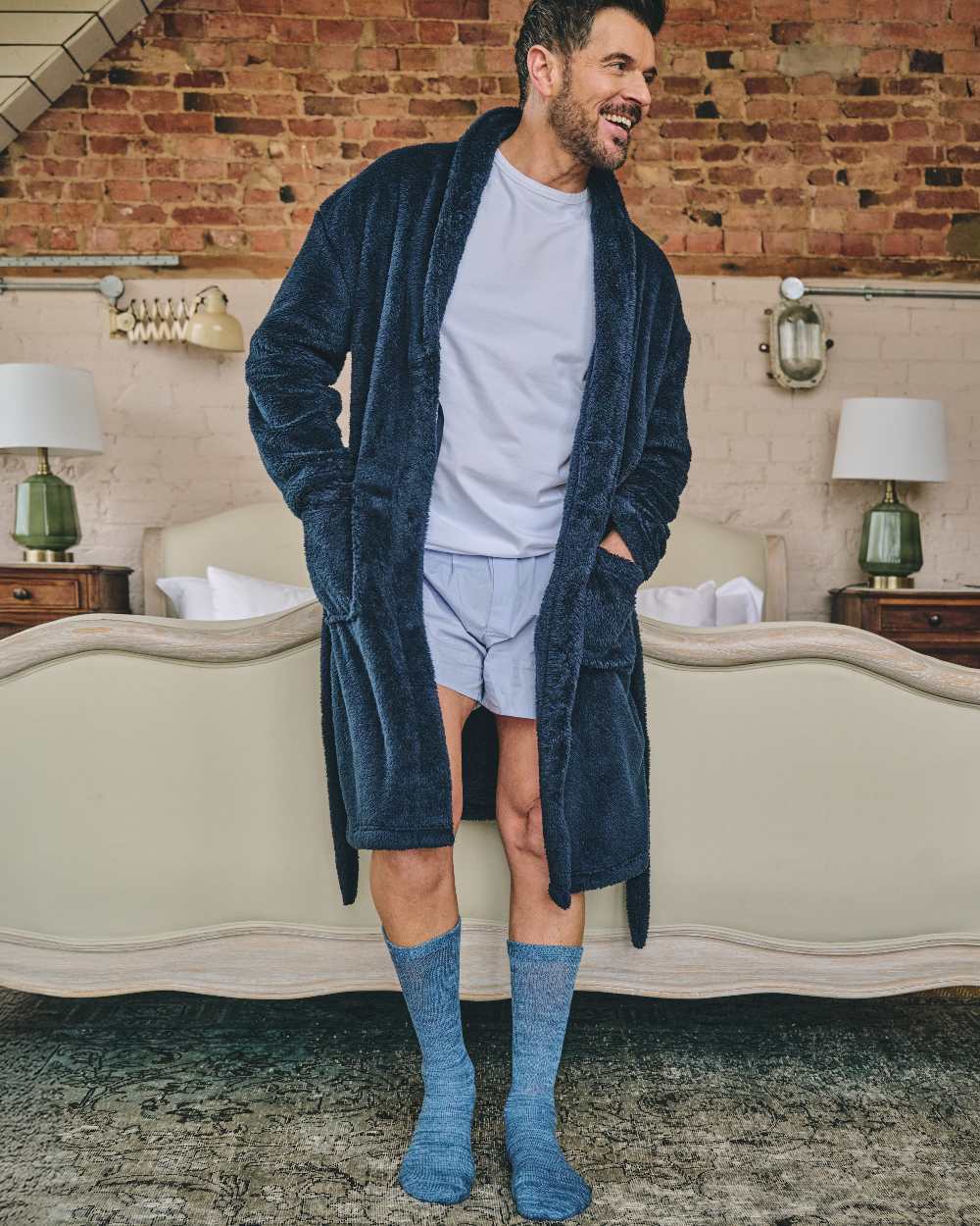 Navy Coloured HJ Hall Mens Dressing Gown on indoor background
