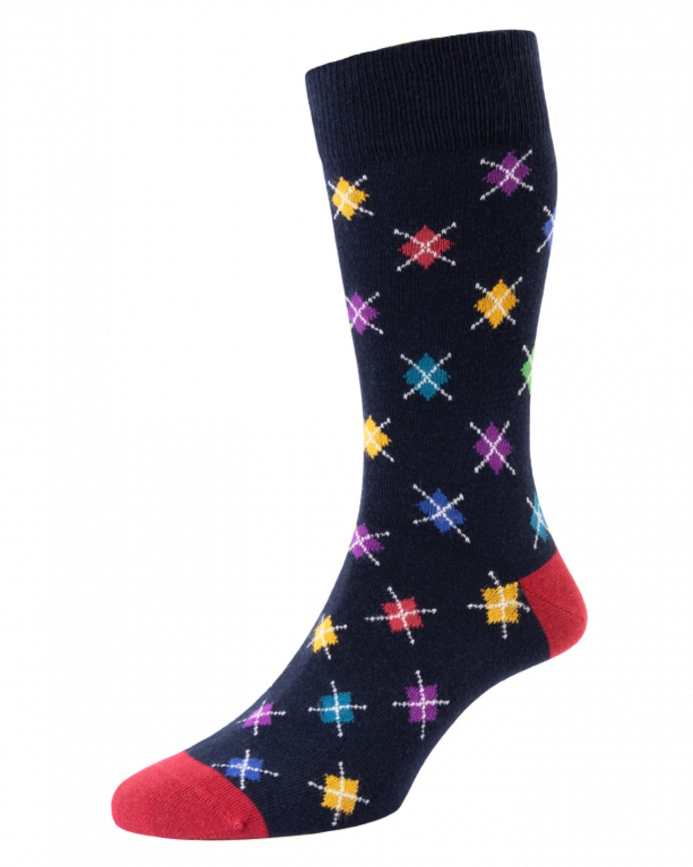 Navy Mix coloured HJ Hall Mens Mini Argyle & Stripe Cotton Rich Socks on white background