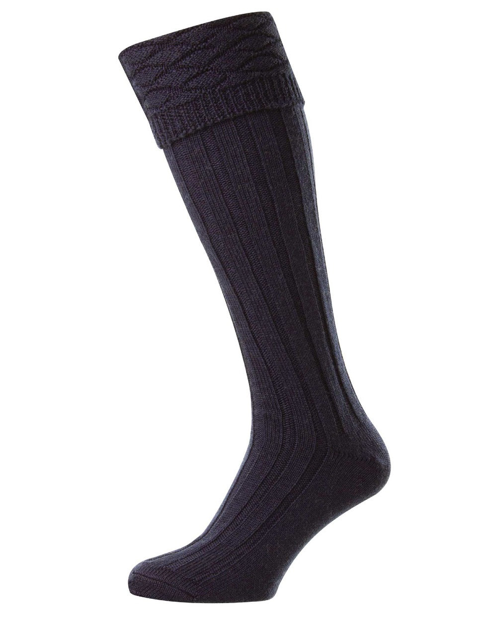 Navy coloured HJ Hall Mens Premium Wool Blend Kilt Socks on white background