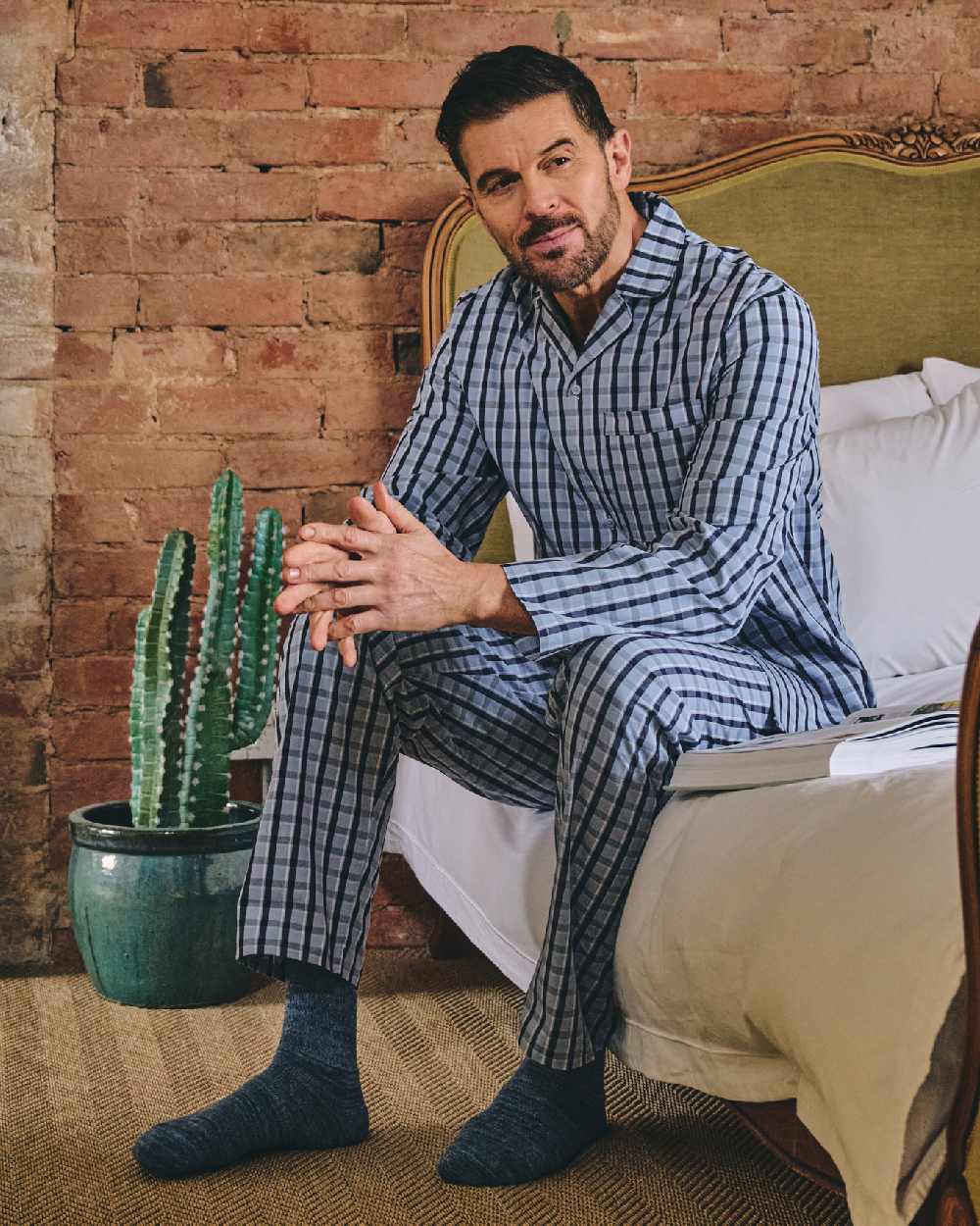 Blue Check Coloured HJ Hall Mens Pure Cotton Pyjamas on indoor background