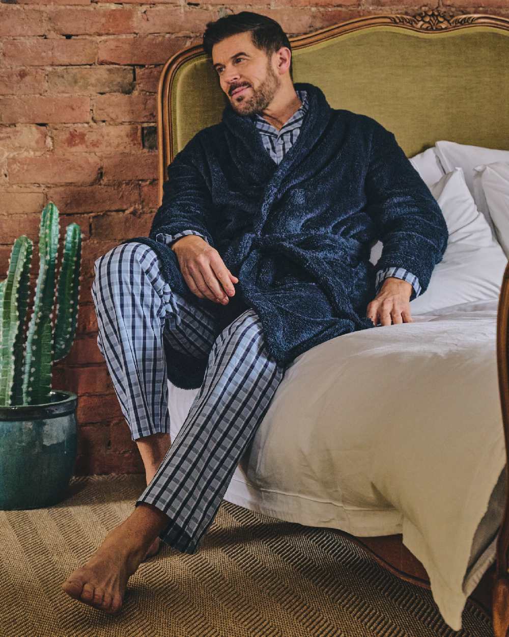 Blue Check Coloured HJ Hall Mens Pure Cotton Pyjamas on indoor background