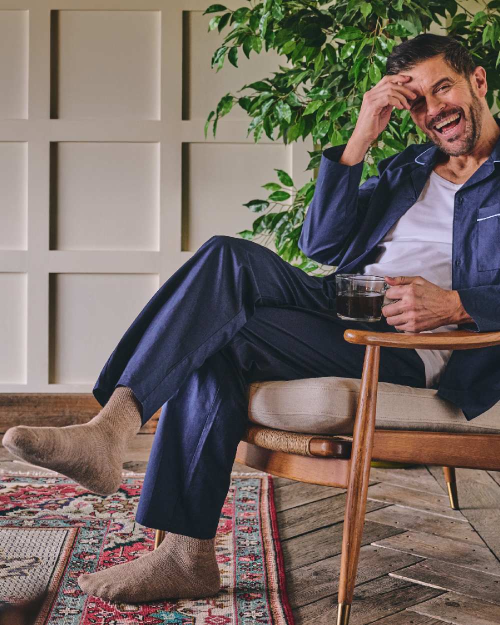 Dark Blue Coloured HJ Hall Mens Pure Cotton Pyjamas on indoor background