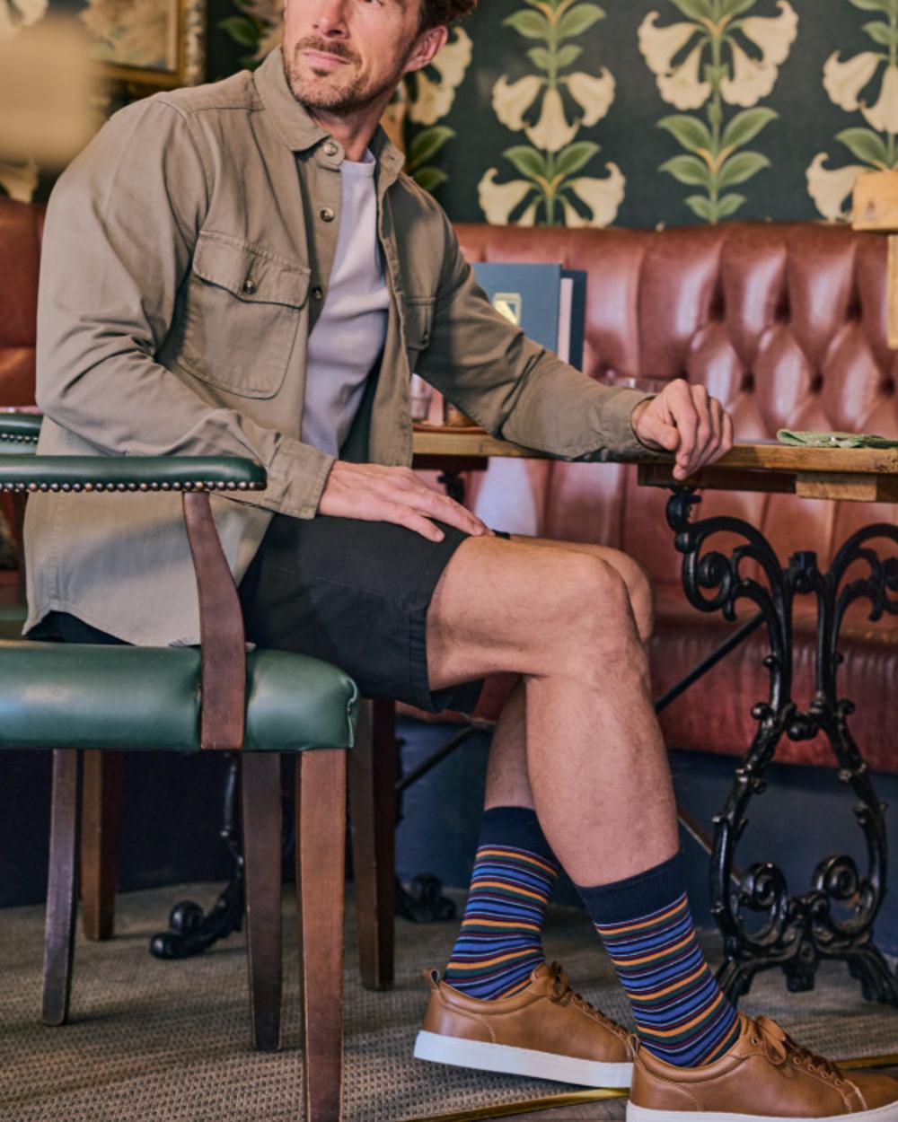 Navy Mix coloured HJ Hall Mens Stripe & Spot Cotton Rich Socks 3 Pair Pack on outdoor background