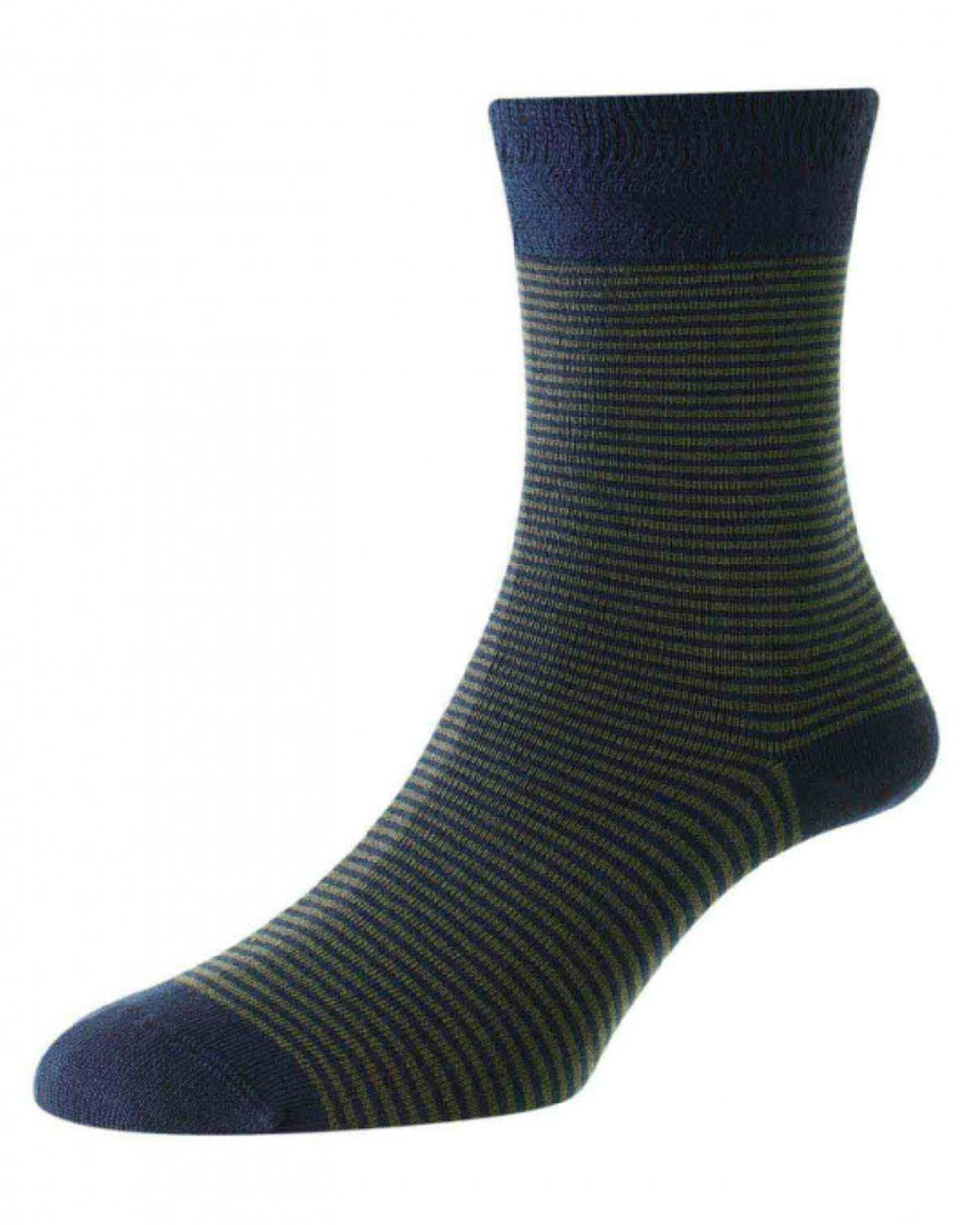 Navy Khaki coloured HJ Hall Narrow Stripe Bamboo Comfort Top Socks on white background