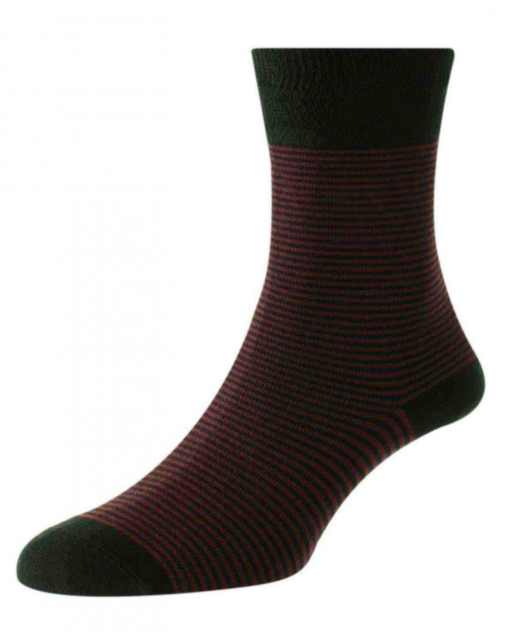 Black Burgundy coloured HJ Hall Narrow Stripe Bamboo Comfort Top Socks on white background