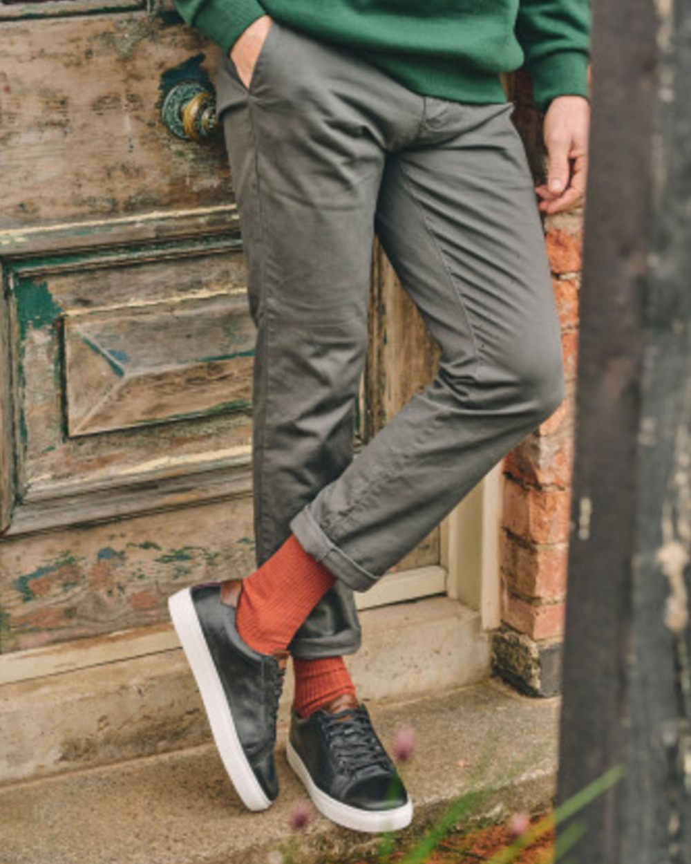Burnt Orange coloured HJ Hall Original Wool Soft Top Socks on outdoor background