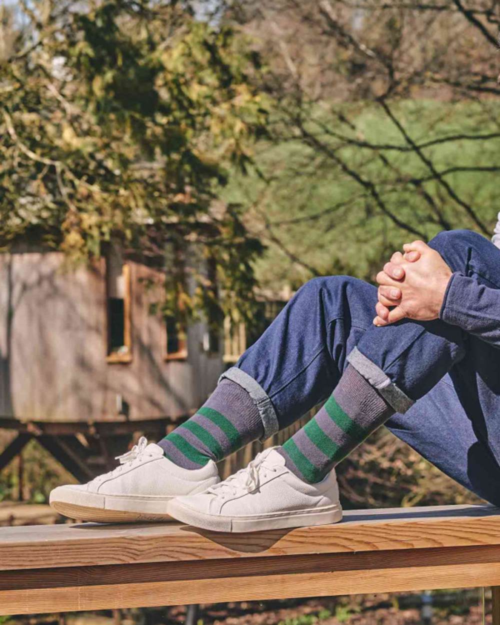 Grey coloured HJ Hall Rugby Stripe Organic Cotton Comfort Top Socks on garden background