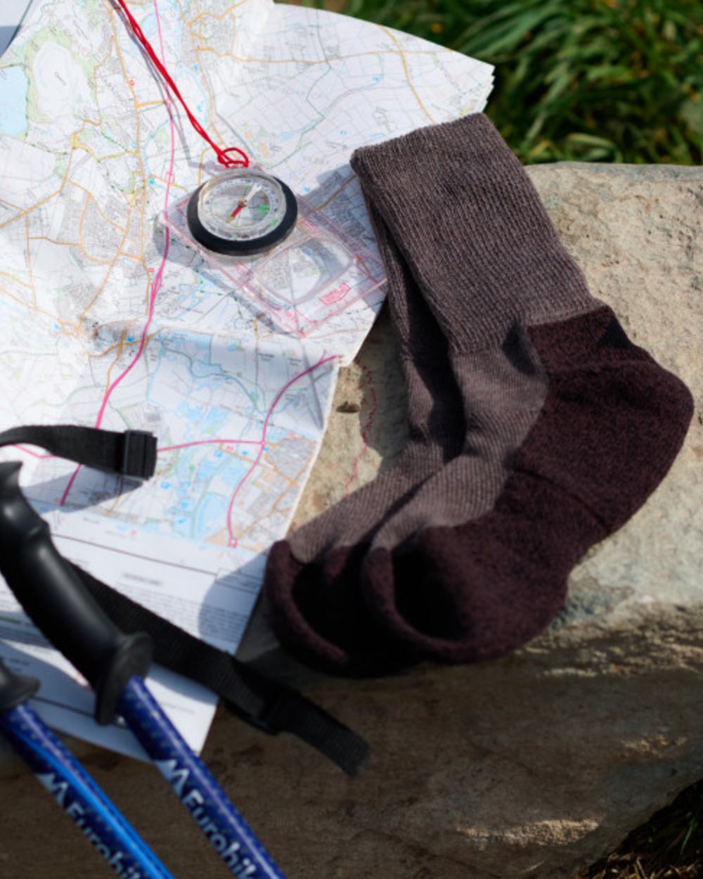 Brown coloured HJ Hall Technical Rambler All Season Comfort Cotton & Wool Blend Socks on outdoor background