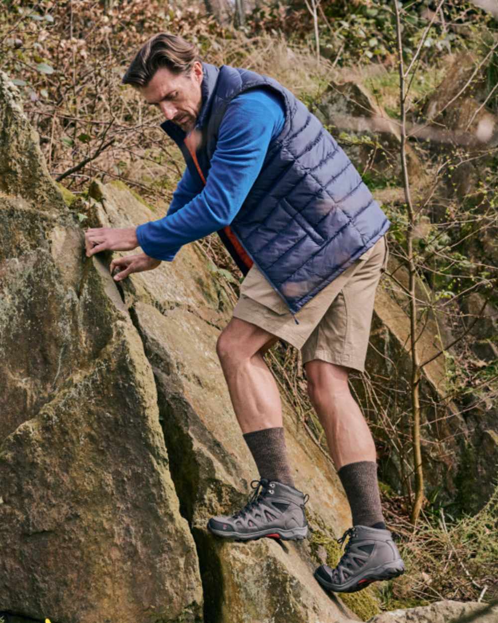 Brown coloured HJ Hall Technical Rambler Comfort Top Thermal Wool Socks on mountain background