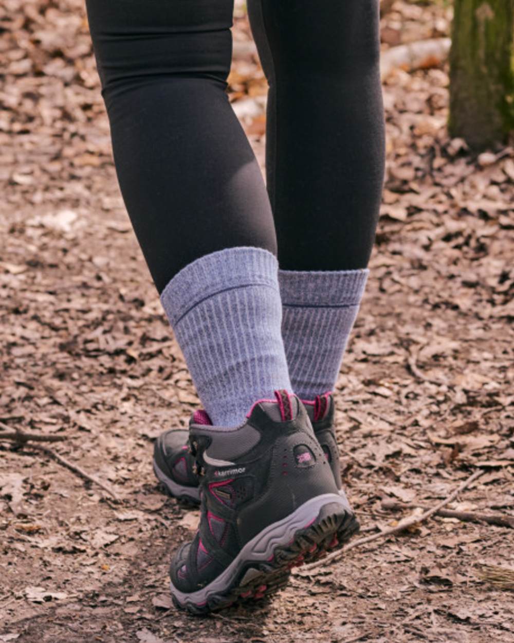 Denim coloured HJ Hall Technical Rambler Light Comfort Coolmax Fibre Cotton Crew Socks on forest background