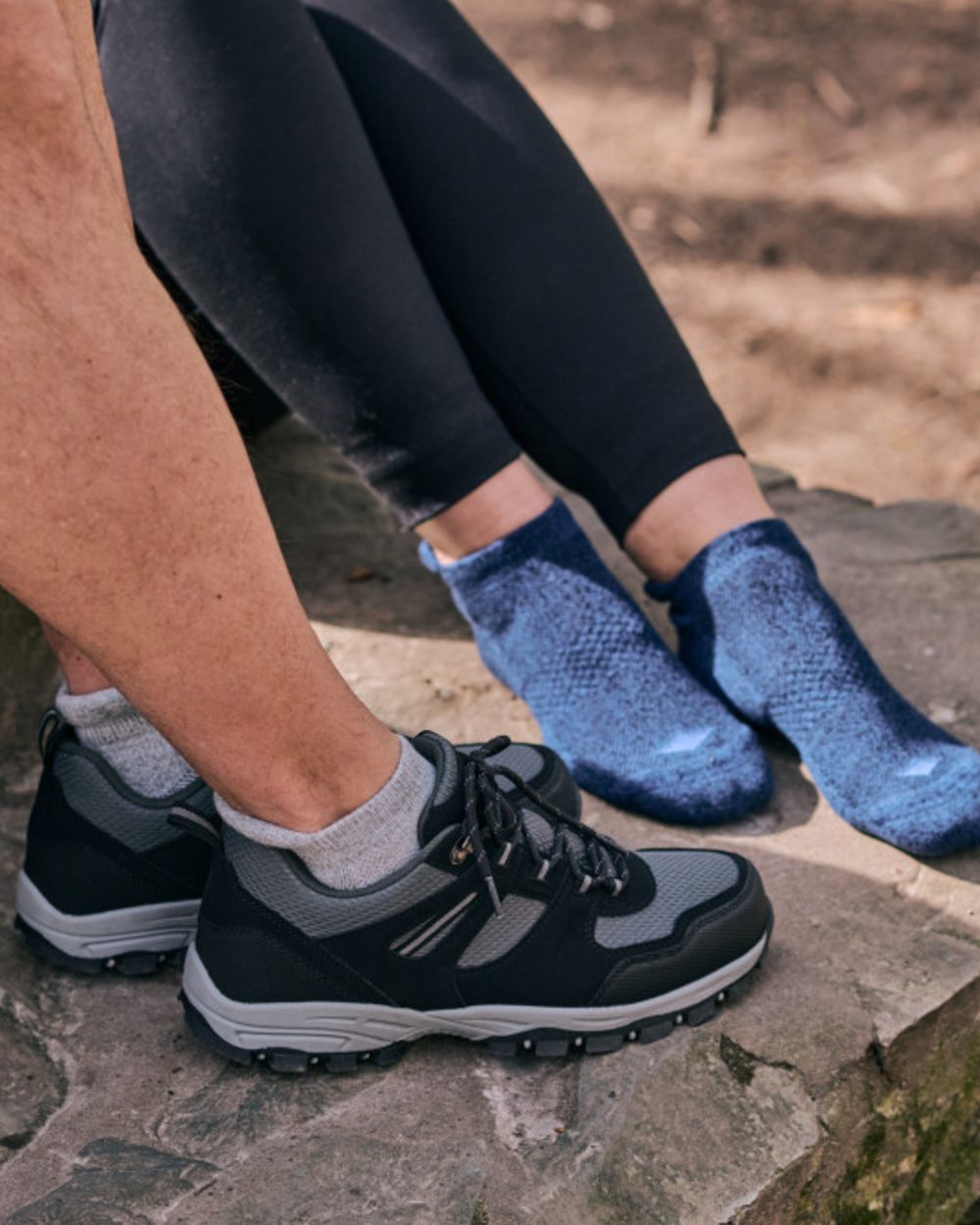 Light Grey coloured HJ Hall Technical Rambler Light Comfort Coolmax Fibre Cotton Trainer Socks on forest background