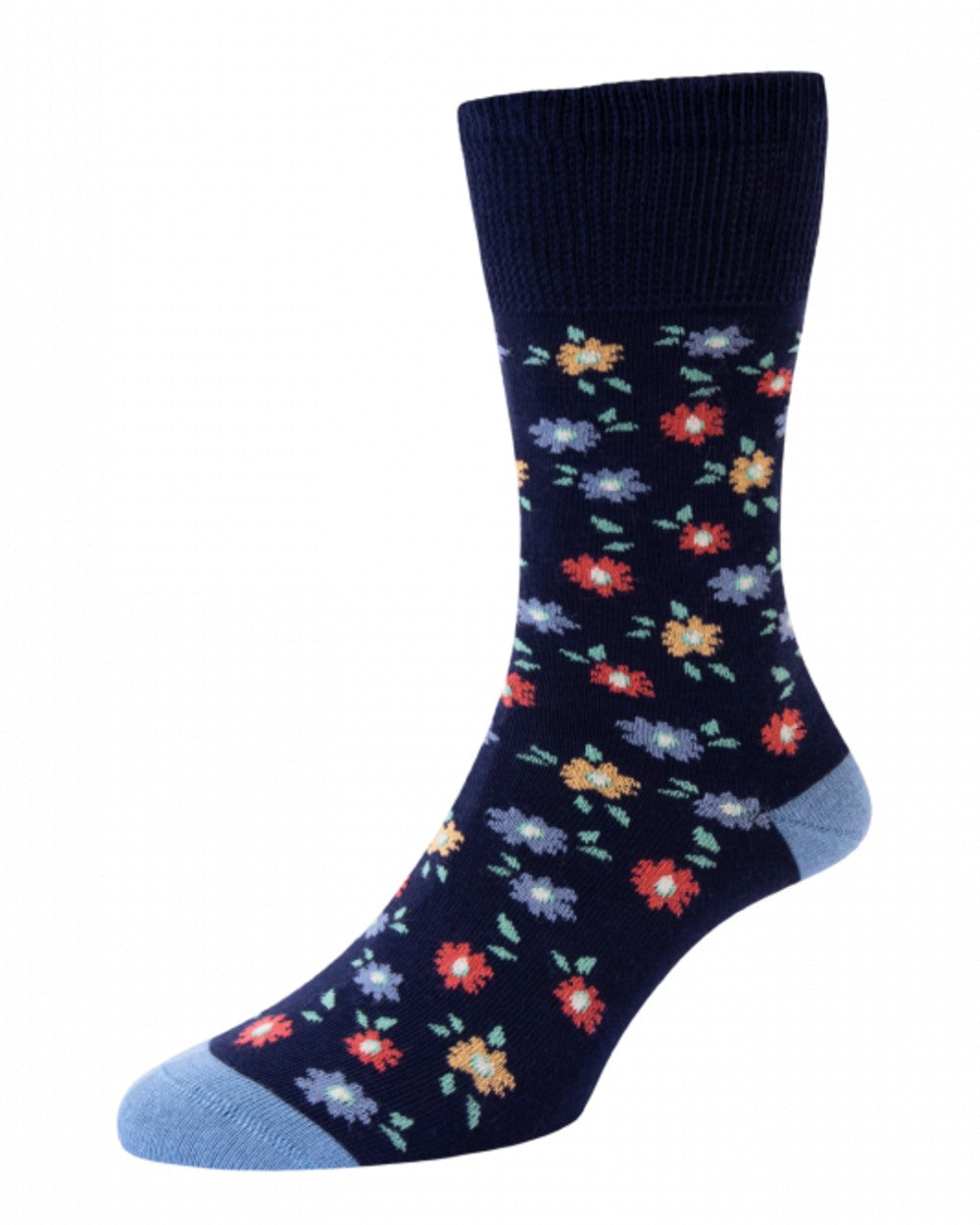 Navy coloured HJ Hall Womens Ditsy Floral Cotton Comfort Top Socks on white background