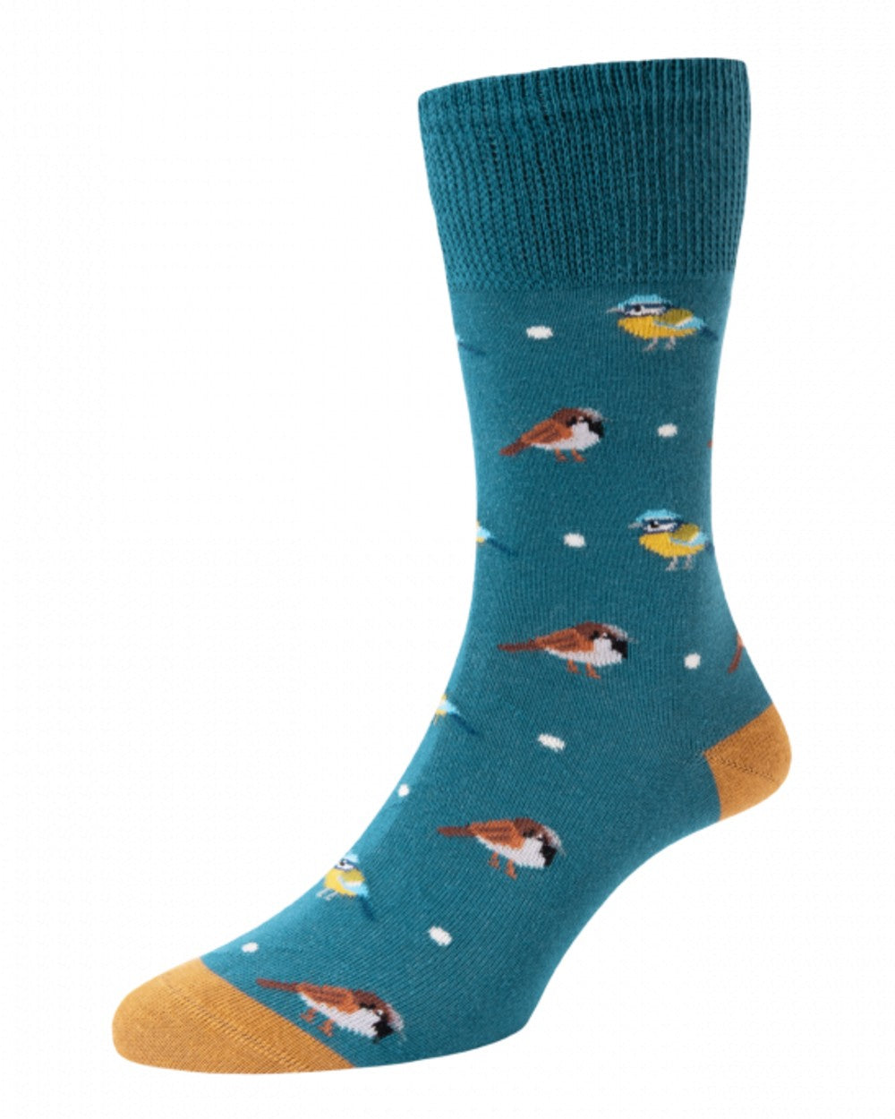 Teal coloured HJ Hall Womens Garden Birds Motif Cotton Comfort Top Socks on white background