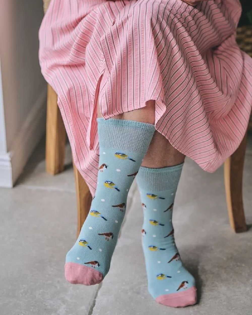 Duck Egg coloured HJ Hall Womens Garden Birds Motif Cotton Socks on outdoor background