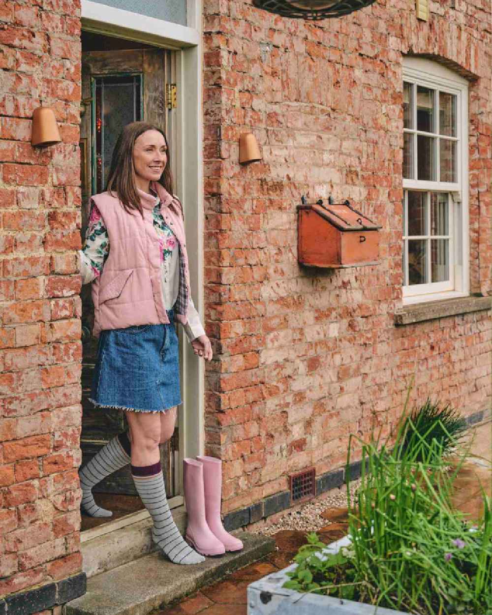 ight Grey coloured HJ Hall Womens Stripe Welly Socks on house background