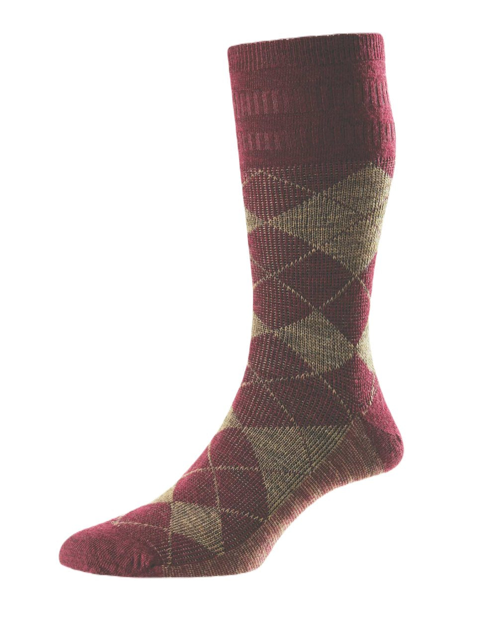 HJ Hall Argyle Wool Softop Socks In Burgundy Taupe 
