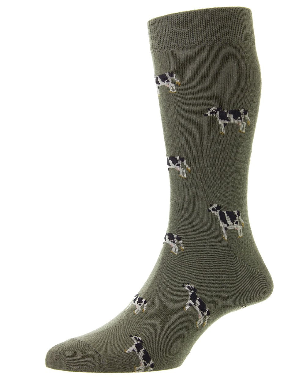 HJ Hall Farm Motif Cotton Rich Socks in Cow/Olive