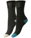 HJ Hall Daisy/Stripe Bamboo Comfort Top Socks | Twin Pack in Black #colour_black