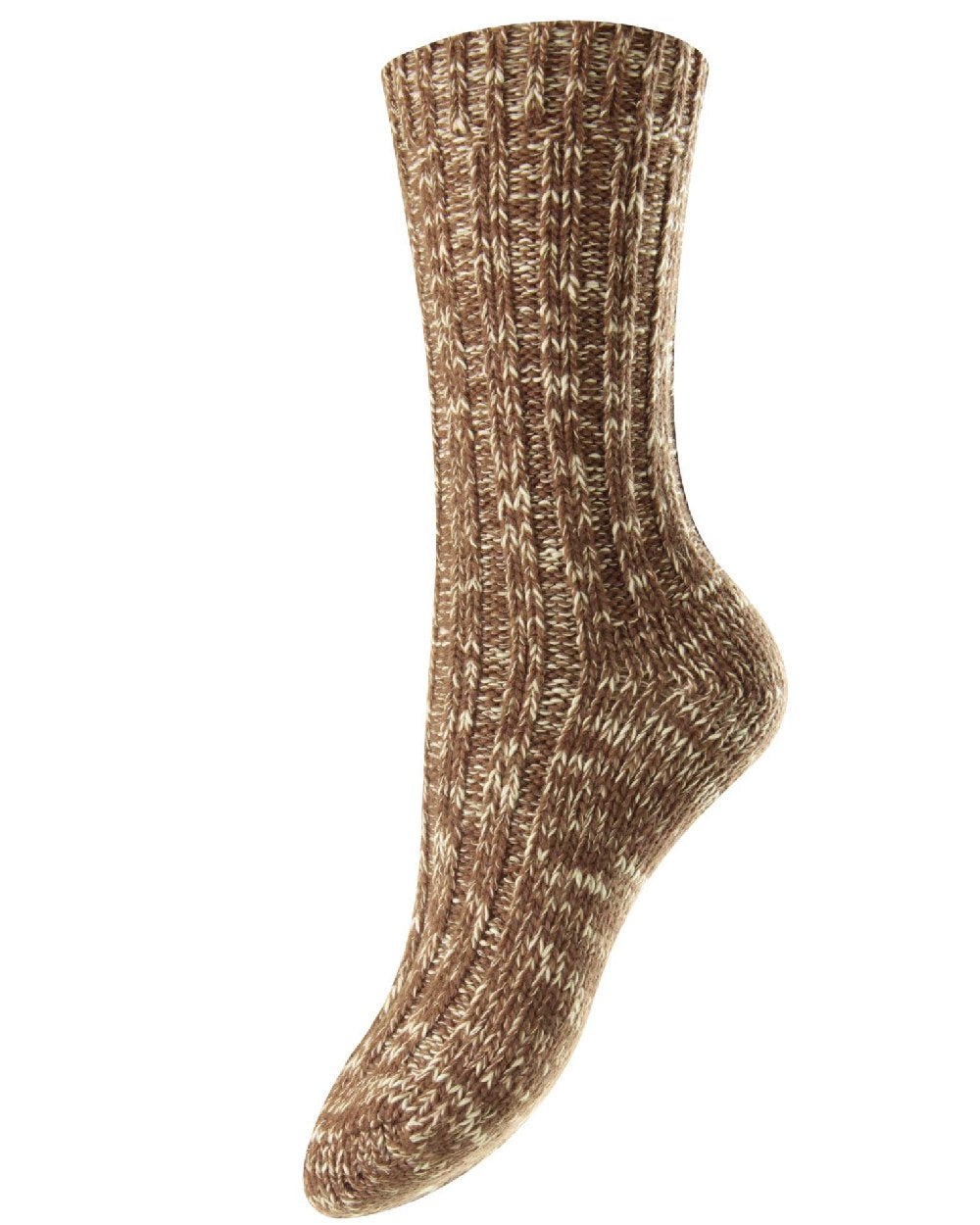 HJ Hall Womens Chunky Knit Wool &amp; Cotton Blend Socks in Brown Marl 