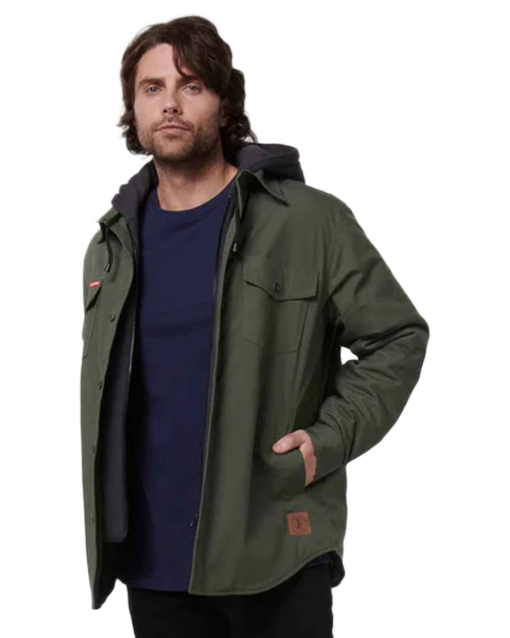 Military Green coloured Hard Yakka Mens Quilted Solid Shacket on white background